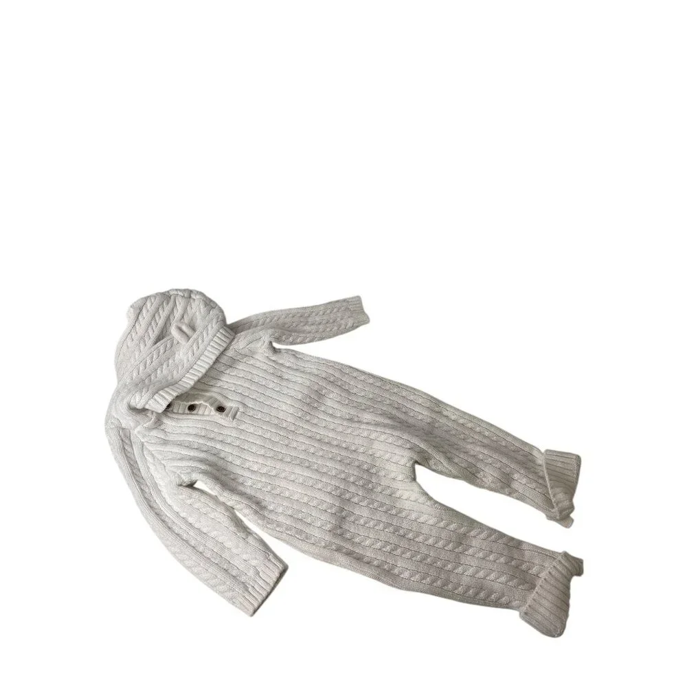 Janie & Jack Infant Cable Knit White Hooded Jumpsuit Henley Top Size 6-12M‎